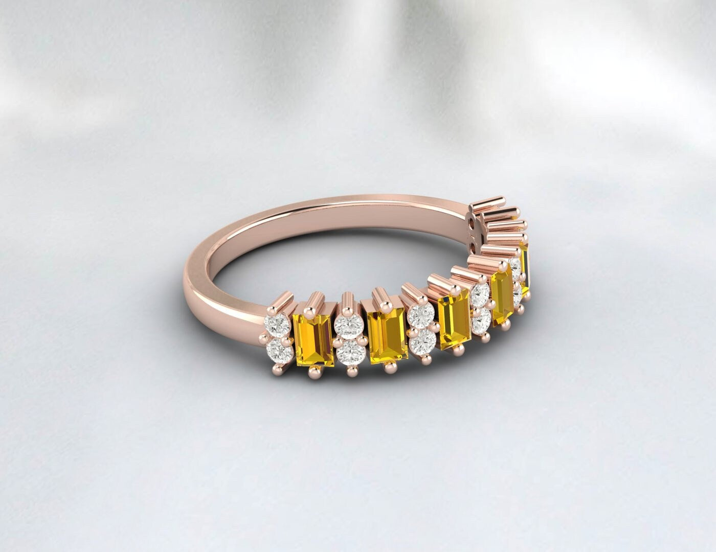 Baguette Yellow Citrine Wedding Band For Women Half Eternity Band