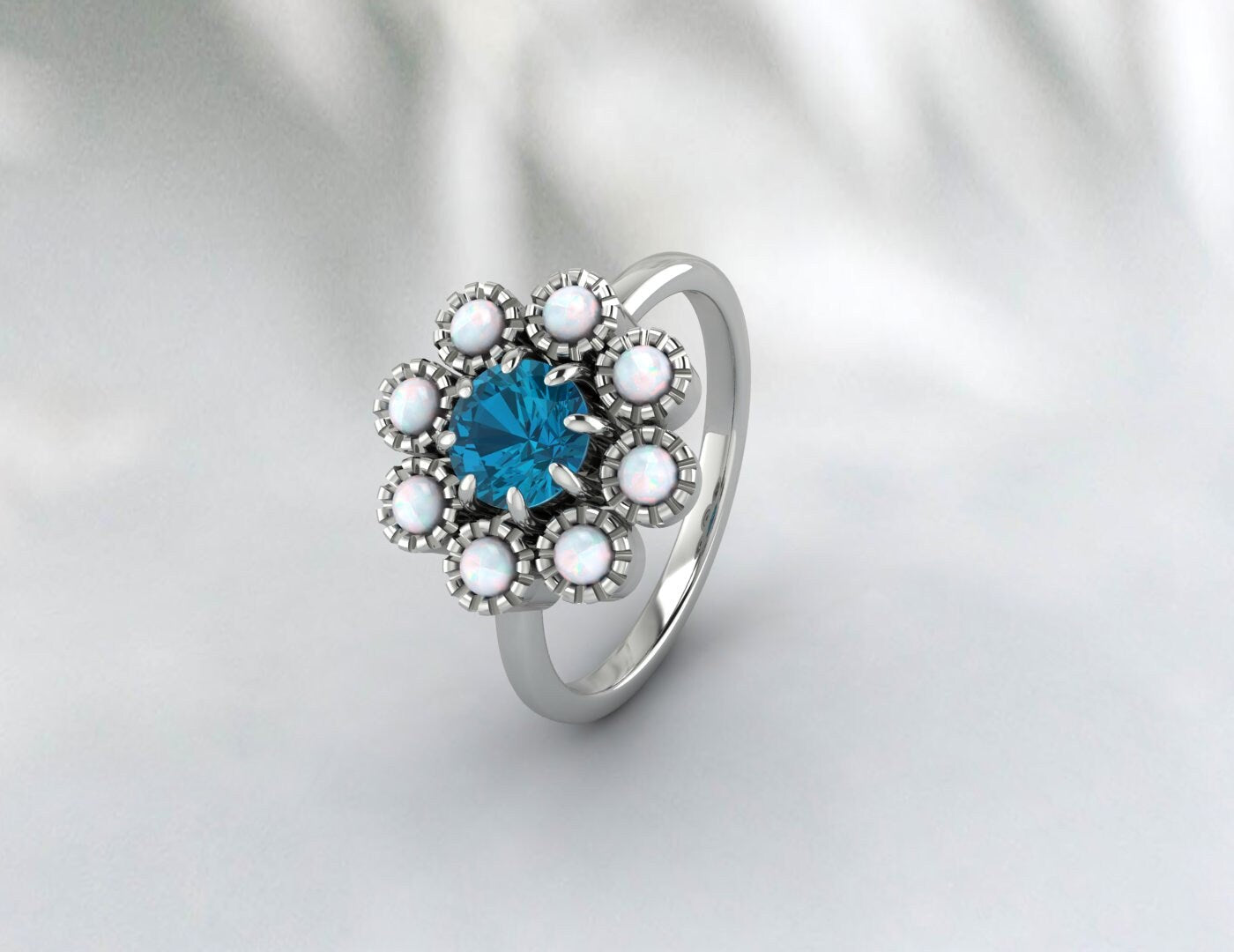 London Blue Topaz und Opal Sonnenblumenring, November Geburtssteinring, Ehering, Verlobungsring für Frauen, Geschenk für Sie