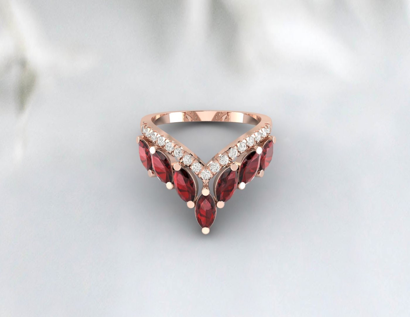 Red Garnet Wedding Ring Vintage V Curved Matching Band Promise Ring