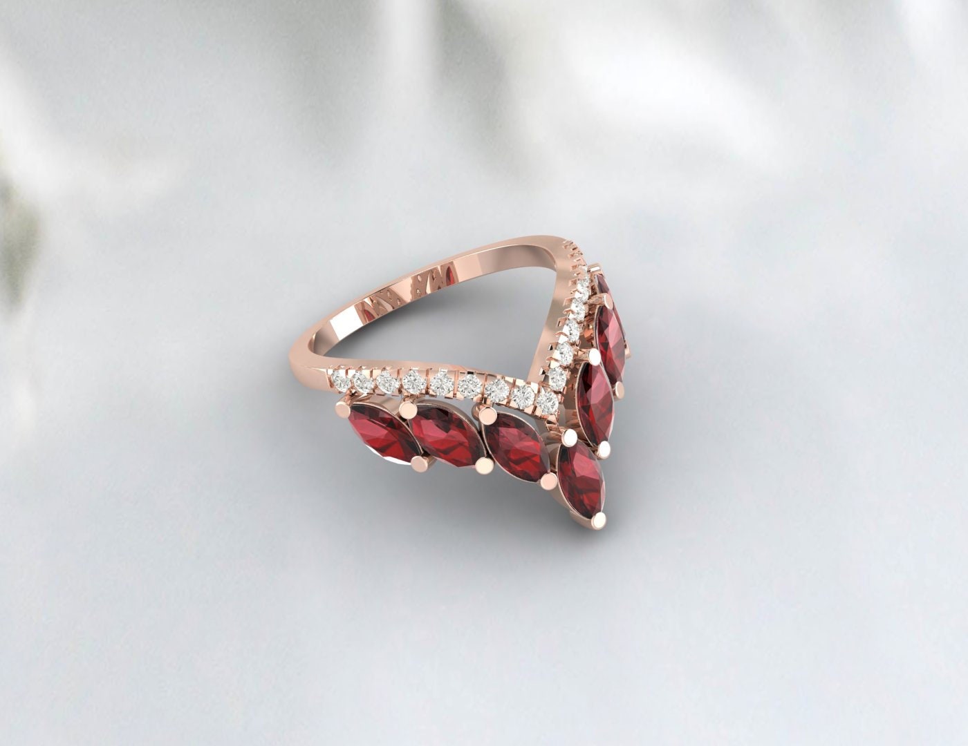 Red Garnet Wedding Ring Vintage V Curved Matching Band Promise Ring