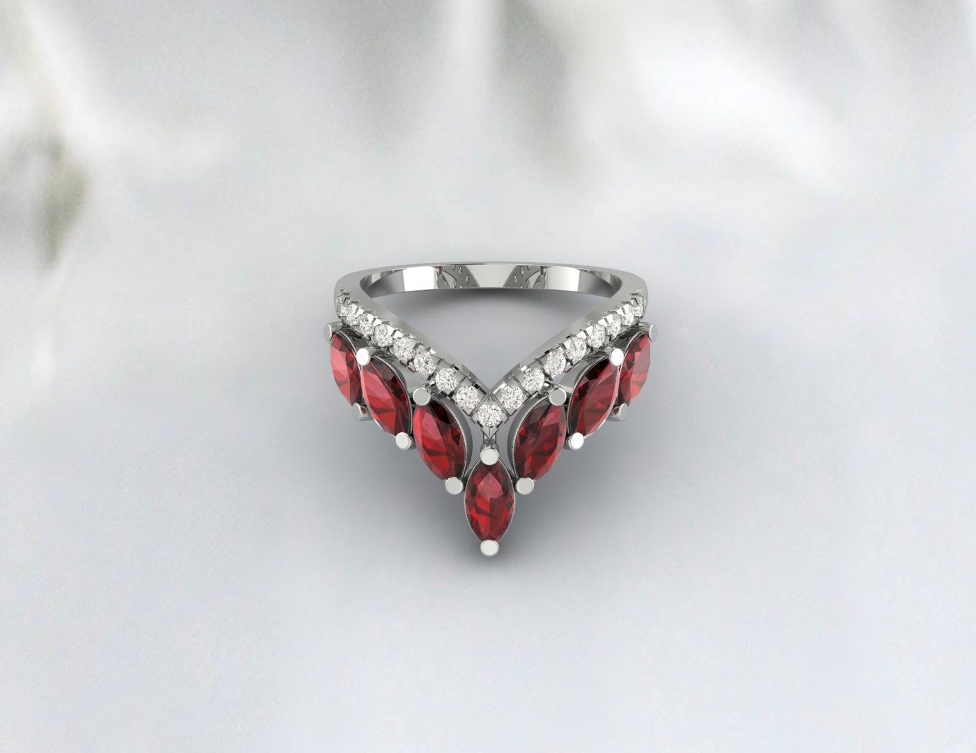 Red Garnet Wedding Ring Vintage V Curved Matching Band Promise Ring