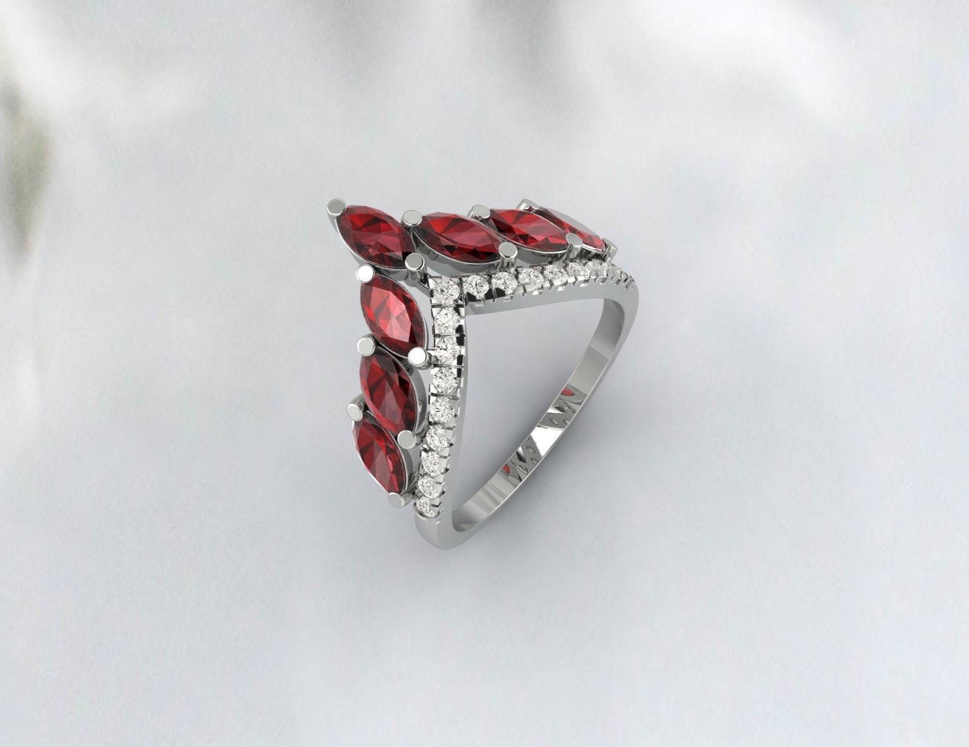 Red Garnet Wedding Ring Vintage V Curved Matching Band Promise Ring