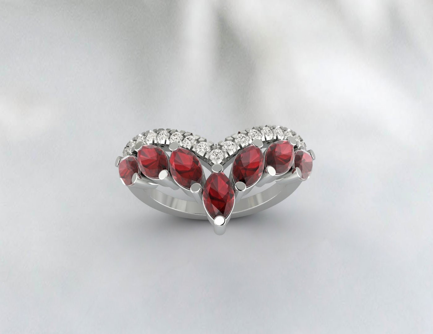 Red Garnet Wedding Ring Vintage V Curved Matching Band Promise Ring
