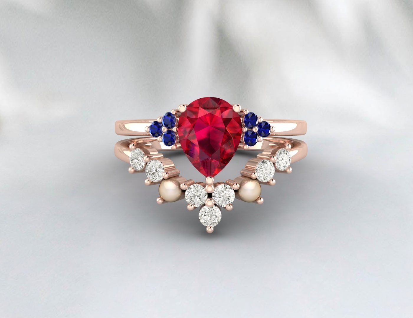 Vintage teardrop ruby engagement ring Band set blue sapphire freshwater pearl matching rings