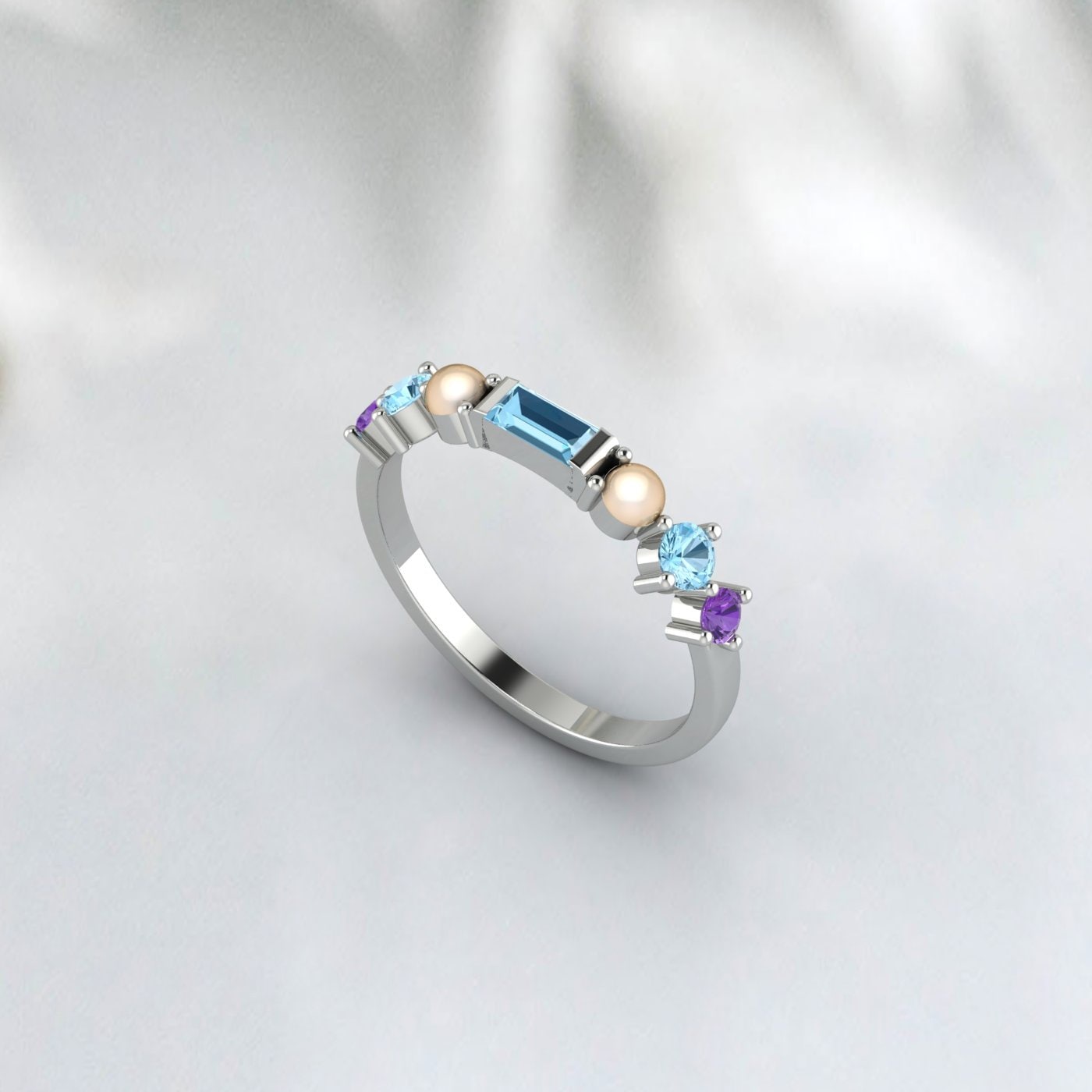Baguette Aquamarine Wedding Band Amethyst Pearl Ring Gift For Her