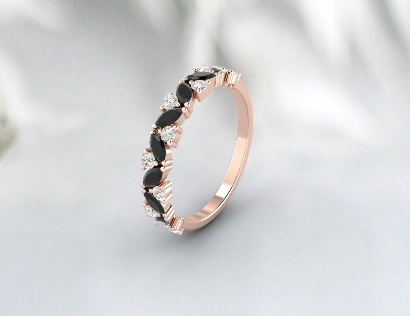Art Déco Marquise Noir Onyx Diamant Rond CZ Eternity Stackable Band 925 Sterling Silver Wedding Band Fiançailles Empilage Nuptial