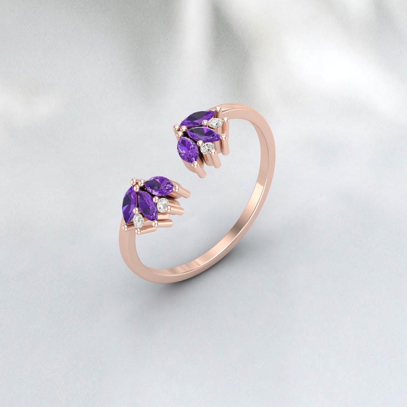 Amethyst Wedding Band Rose Gold Open Ring Vintage Engagement Ring Delicate Stacking Matching Curved Wedding Band Bridal Ring Amethyst Ring