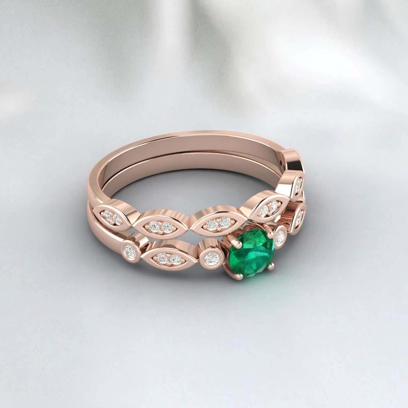 Vintage Round Rose Gold Engagement Ring Emerald Ring Bridal Set Prong Set Ring Rose Gold Promise Ring Anniversary Gift May Birthstone Ring