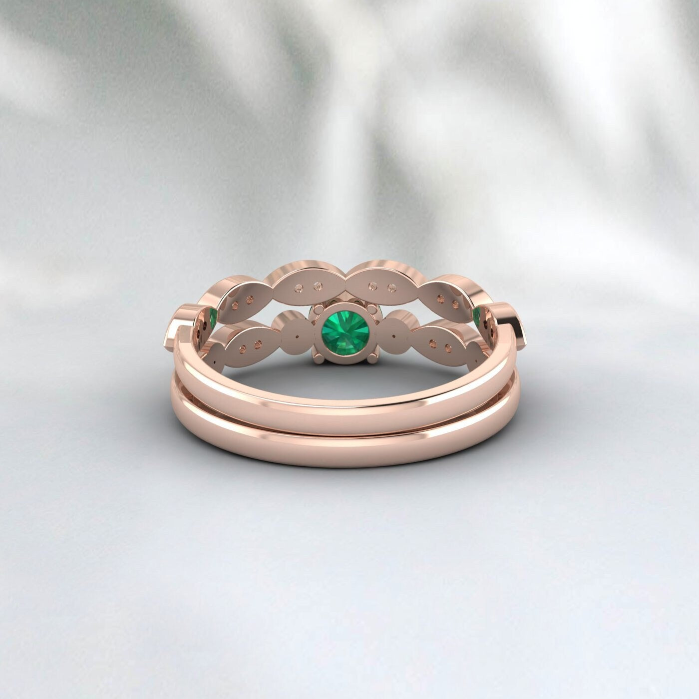 Vintage Round Rose Gold Engagement Ring Emerald Ring Bridal Set Prong Set Ring Rose Gold Promise Ring Anniversary Gift May Birthstone Ring