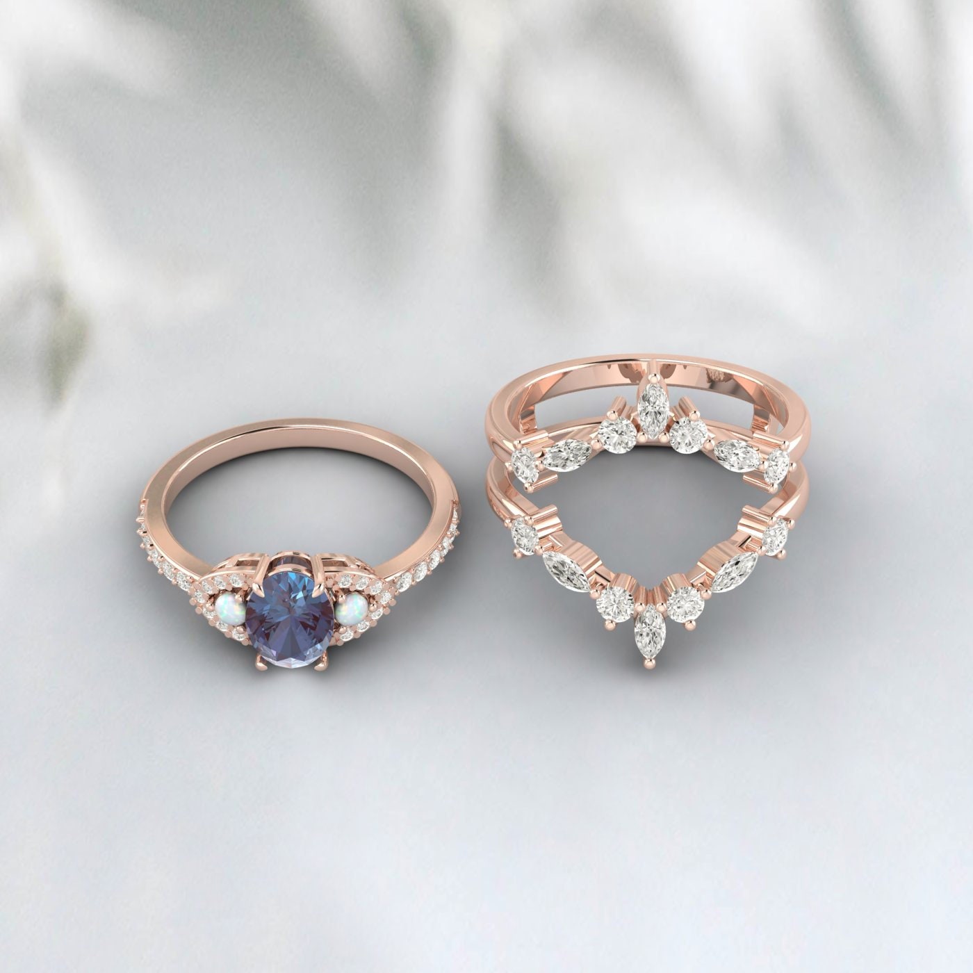 Oval Alexandrite Engagement Ring Set Vintage Unique Double Curved Wedding Band White Gold Ring June Birthstone Ring Bridal Promise Ring