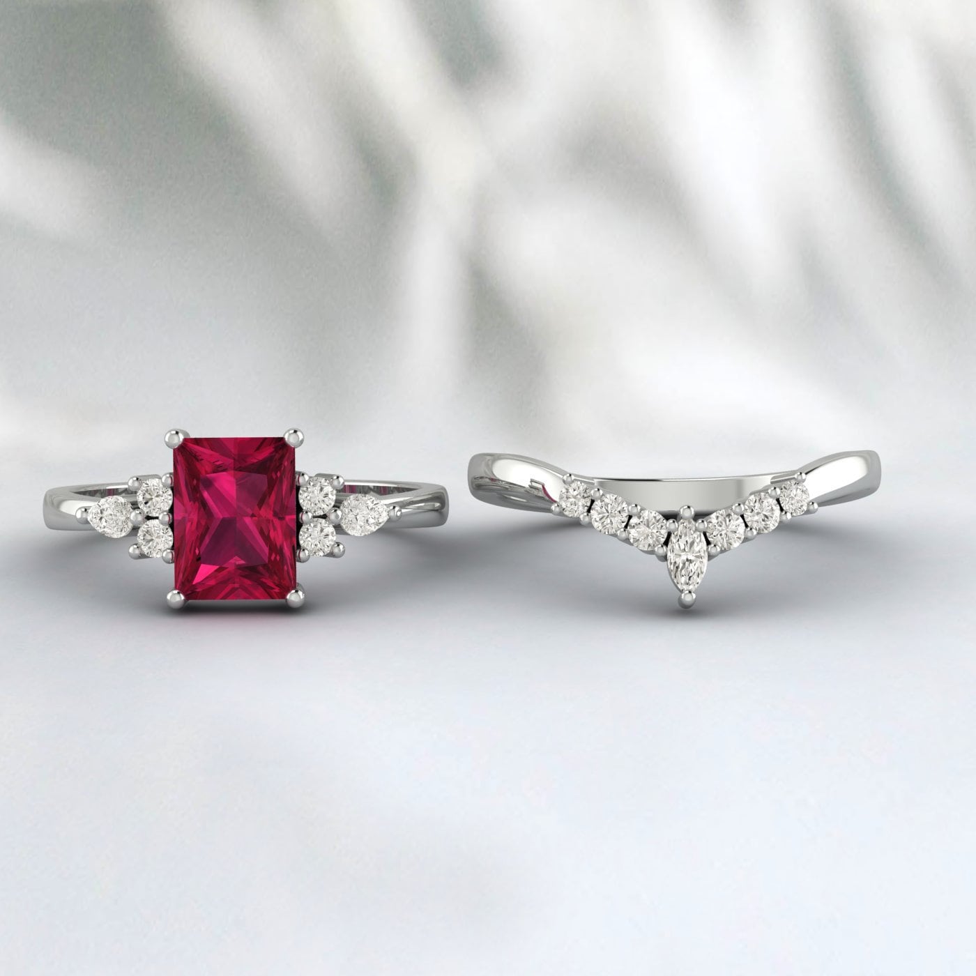 Radiant Cut Ruby Engagement Ring Unique Vintage Wedding Bridal Band