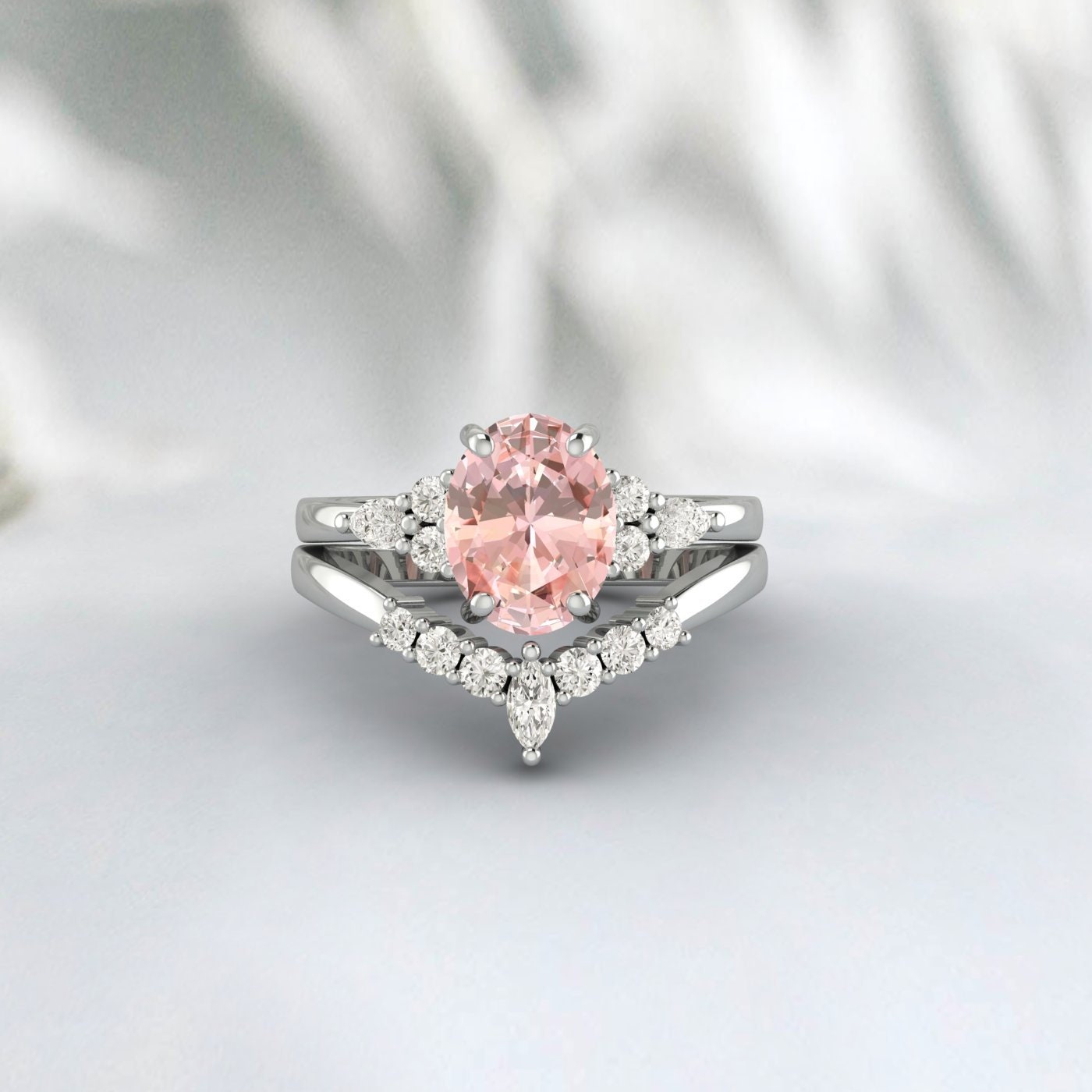 Morganite Bridal Set Rose Gold Sterling Silver | Oval Pink Engagement Ring Vintage