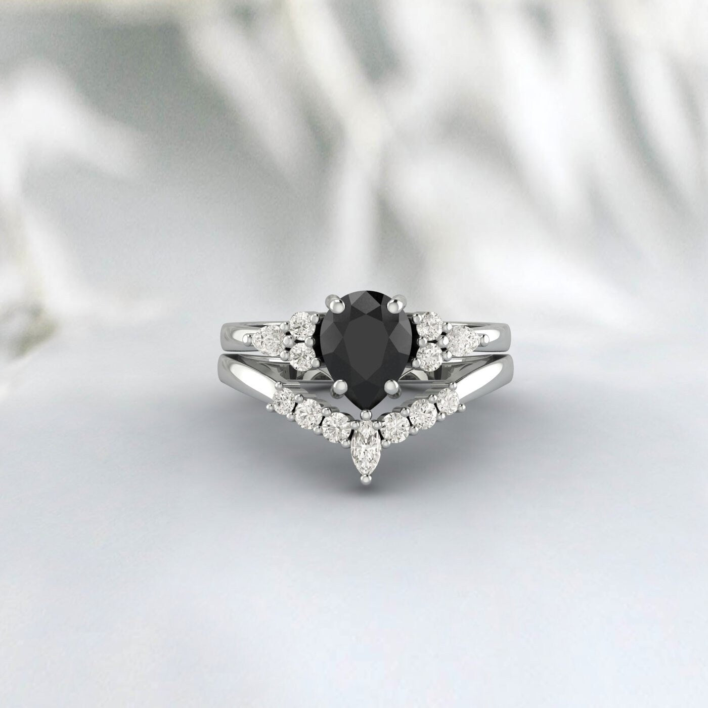 Pear Black Diamond Engagement Rings Set Sterling Silver Pear Black Cz Vintage Wedding Band