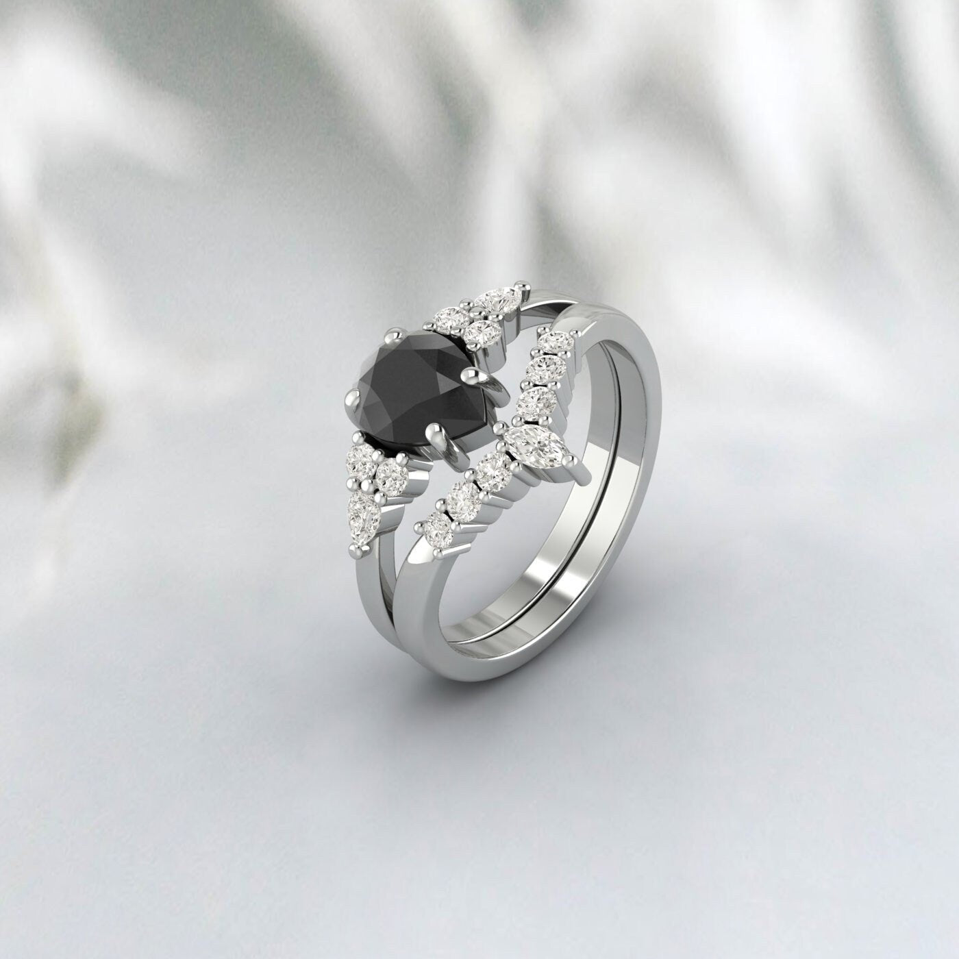 Pear Black Diamond Engagement Rings Set Sterling Silver Pear Black Cz Vintage Wedding Band