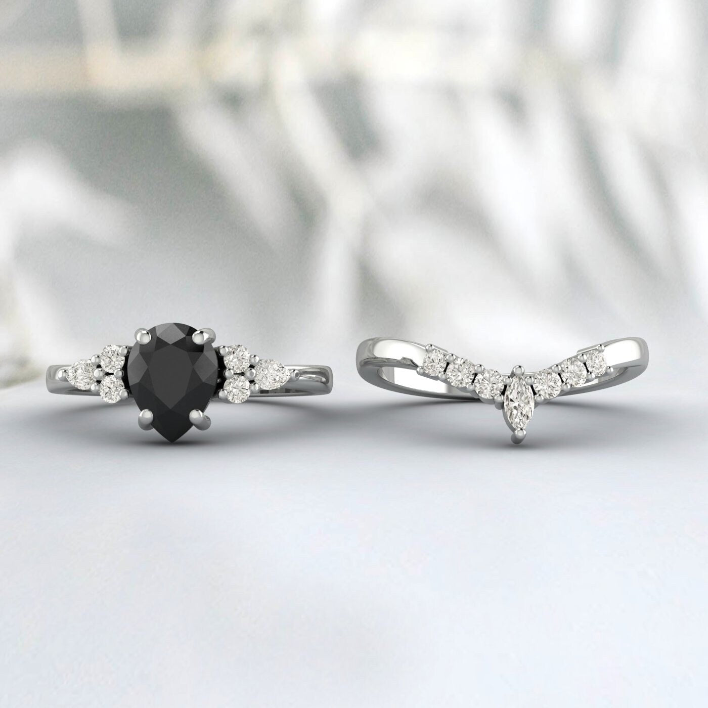 Pear Black Diamond Engagement Rings Set Sterling Silver Pear Black Cz Vintage Wedding Band