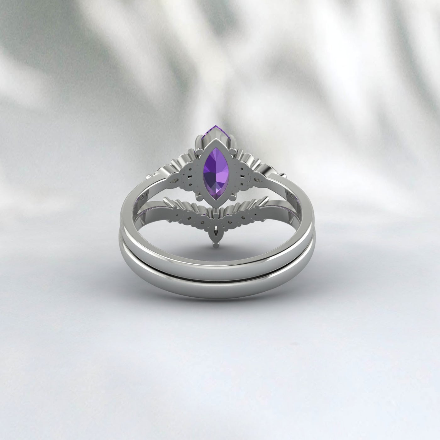 Marquise Cut Purple Amethyst Ring Engagement Ring Set Bridal Ring Set
