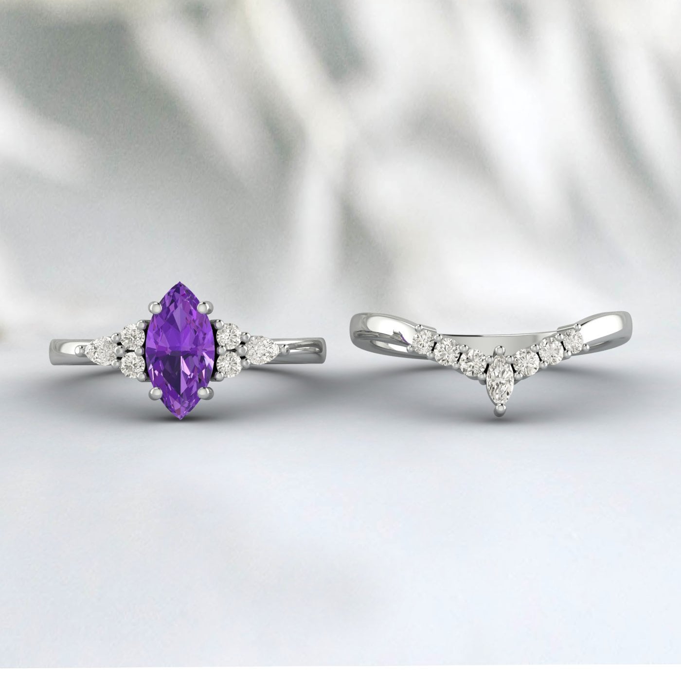 Marquise Cut Purple Amethyst Ring Engagement Ring Set Bridal Ring Set