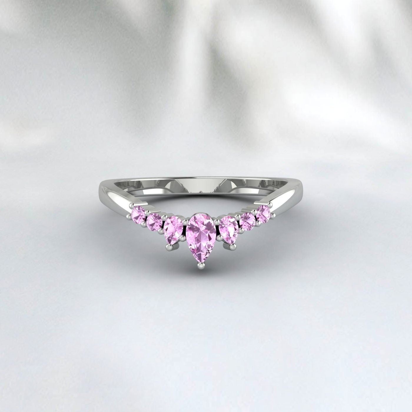 Real Pink Sapphire Wedding Band 14k Yellow Gold Stackable Silver Ring