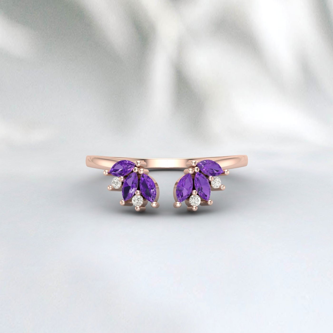 Amethyst Wedding Band Rose Gold Open Ring Vintage Engagement Ring Delicate Stacking Matching Curved Wedding Band Bridal Ring Amethyst Ring
