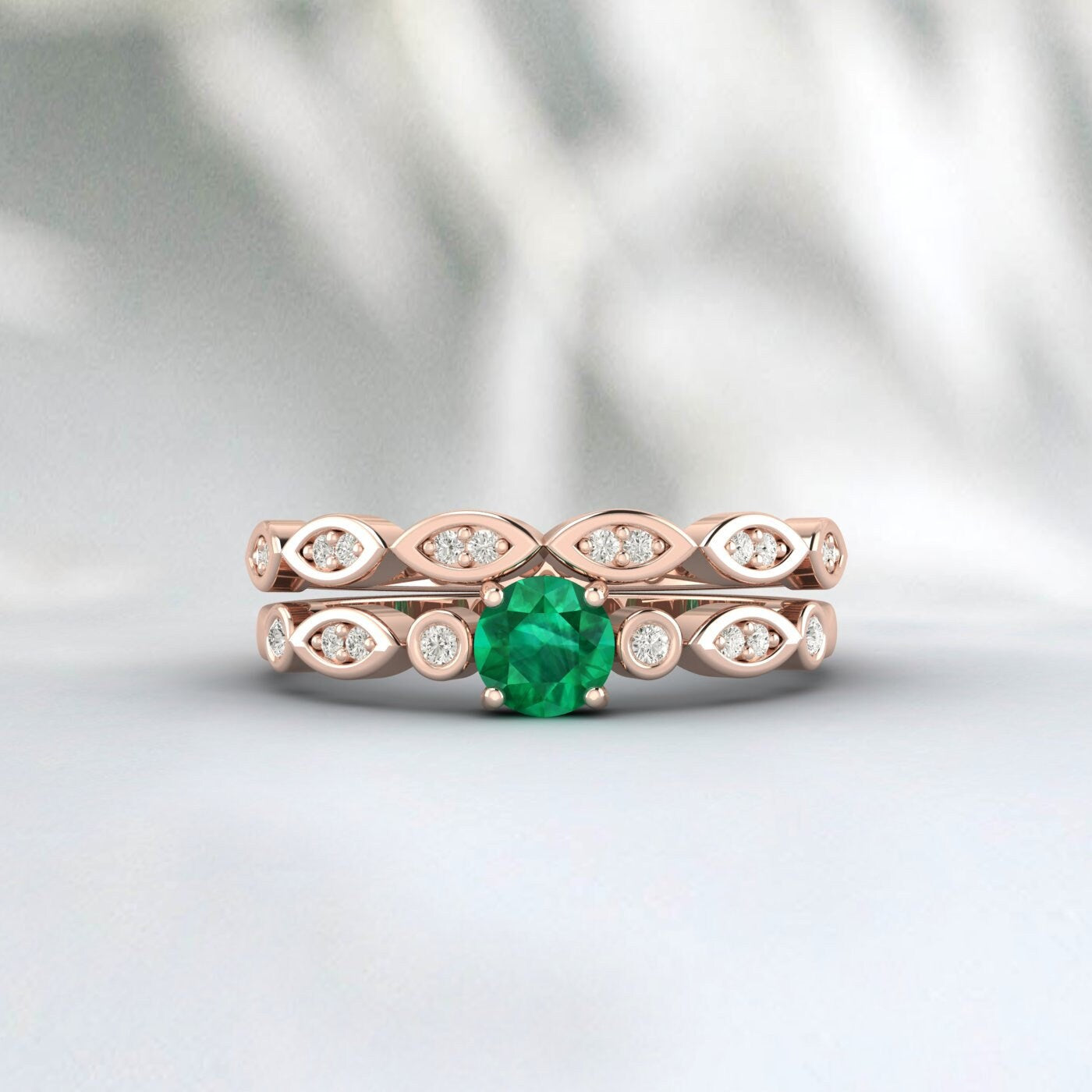 Vintage Round Rose Gold Engagement Ring Emerald Ring Bridal Set Prong Set Ring Rose Gold Promise Ring Anniversary Gift May Birthstone Ring
