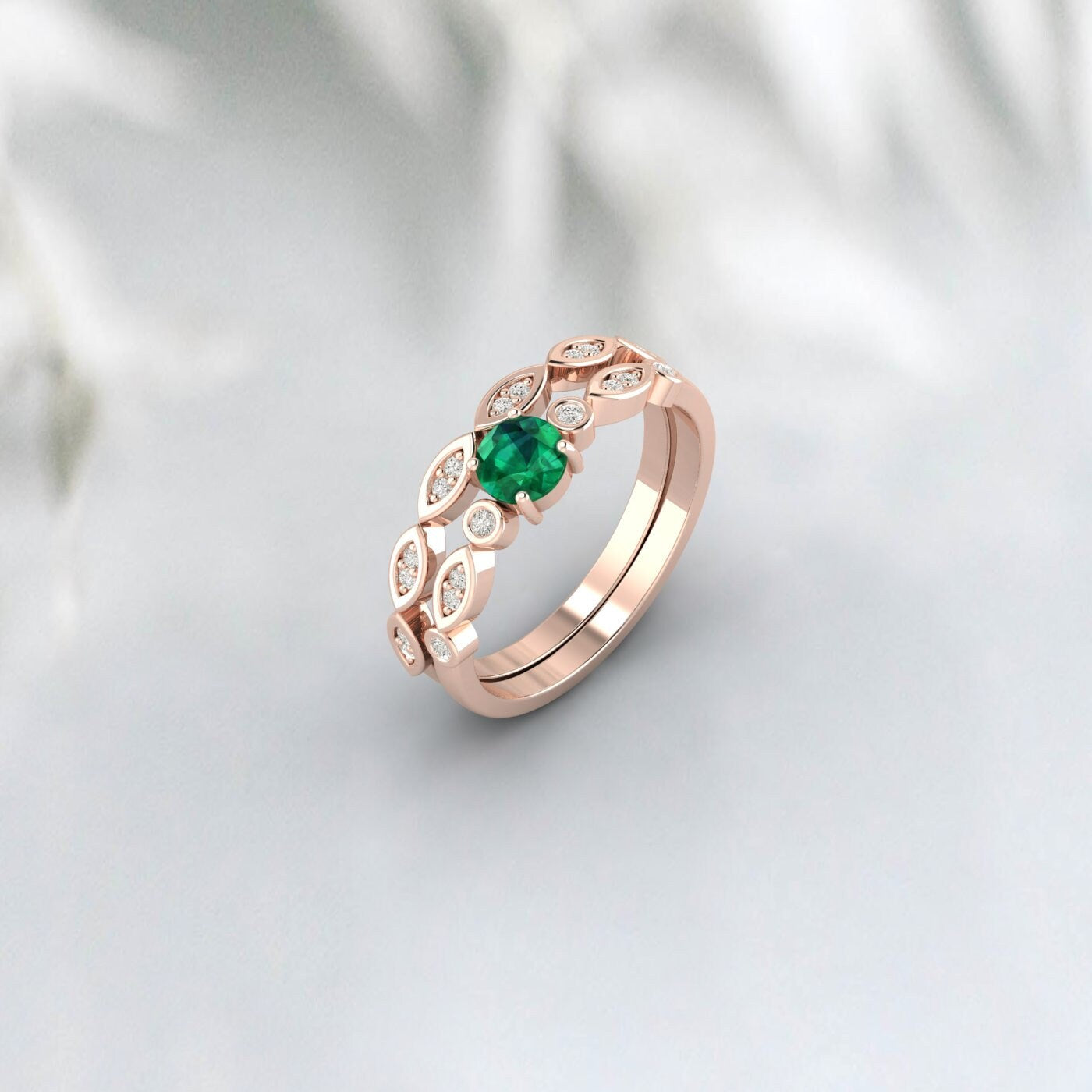 Vintage Round Rose Gold Engagement Ring Emerald Ring Bridal Set Prong Set Ring Rose Gold Promise Ring Anniversary Gift May Birthstone Ring
