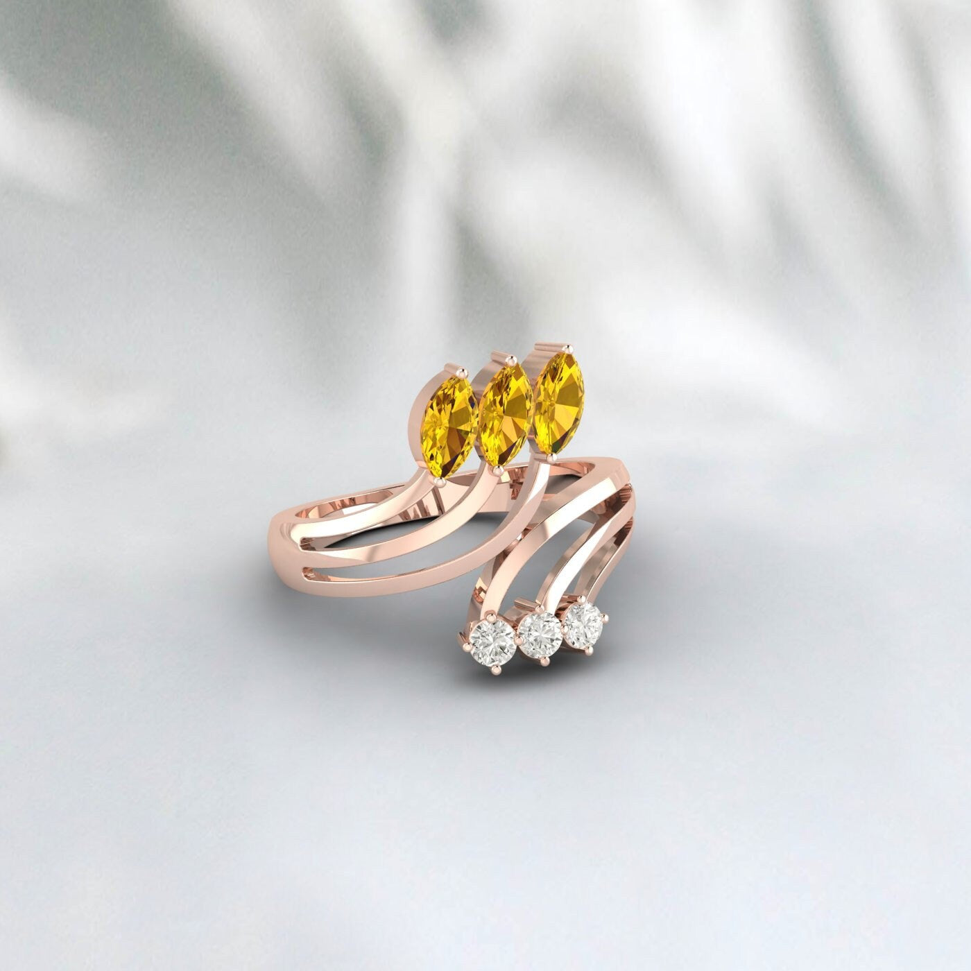 Natural Citrine Leaf Wedding Ring Yellow Gold Crossover Stacking Band