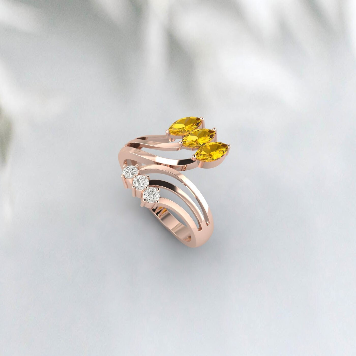 Natural Citrine Leaf Wedding Ring Yellow Gold Crossover Stacking Band