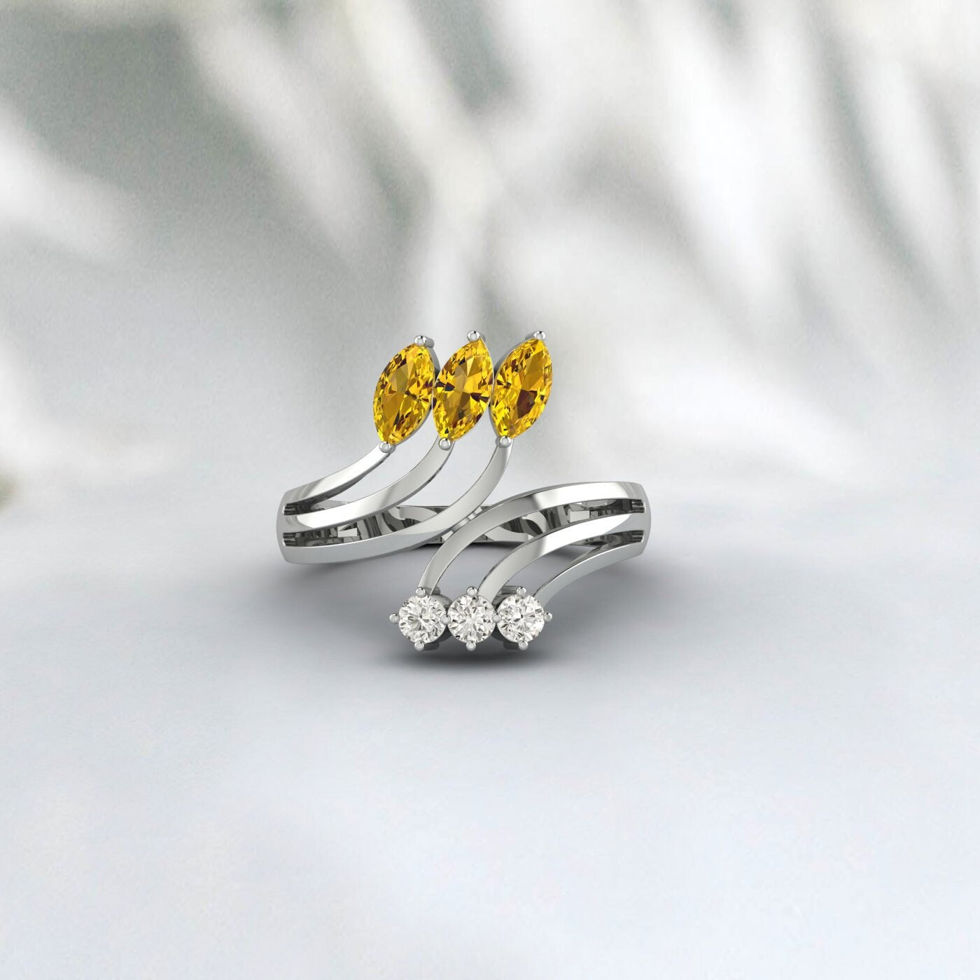 Natural Citrine Leaf Wedding Ring Yellow Gold Crossover Stacking Band