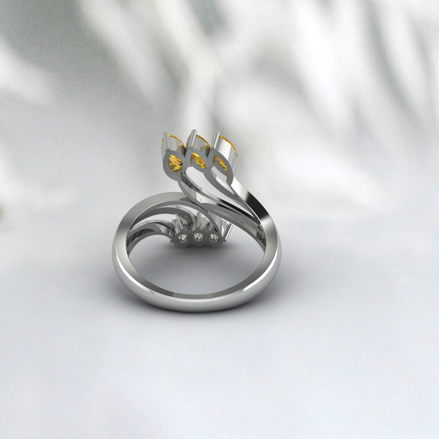 Natural Citrine Leaf Wedding Ring Yellow Gold Crossover Stacking Band