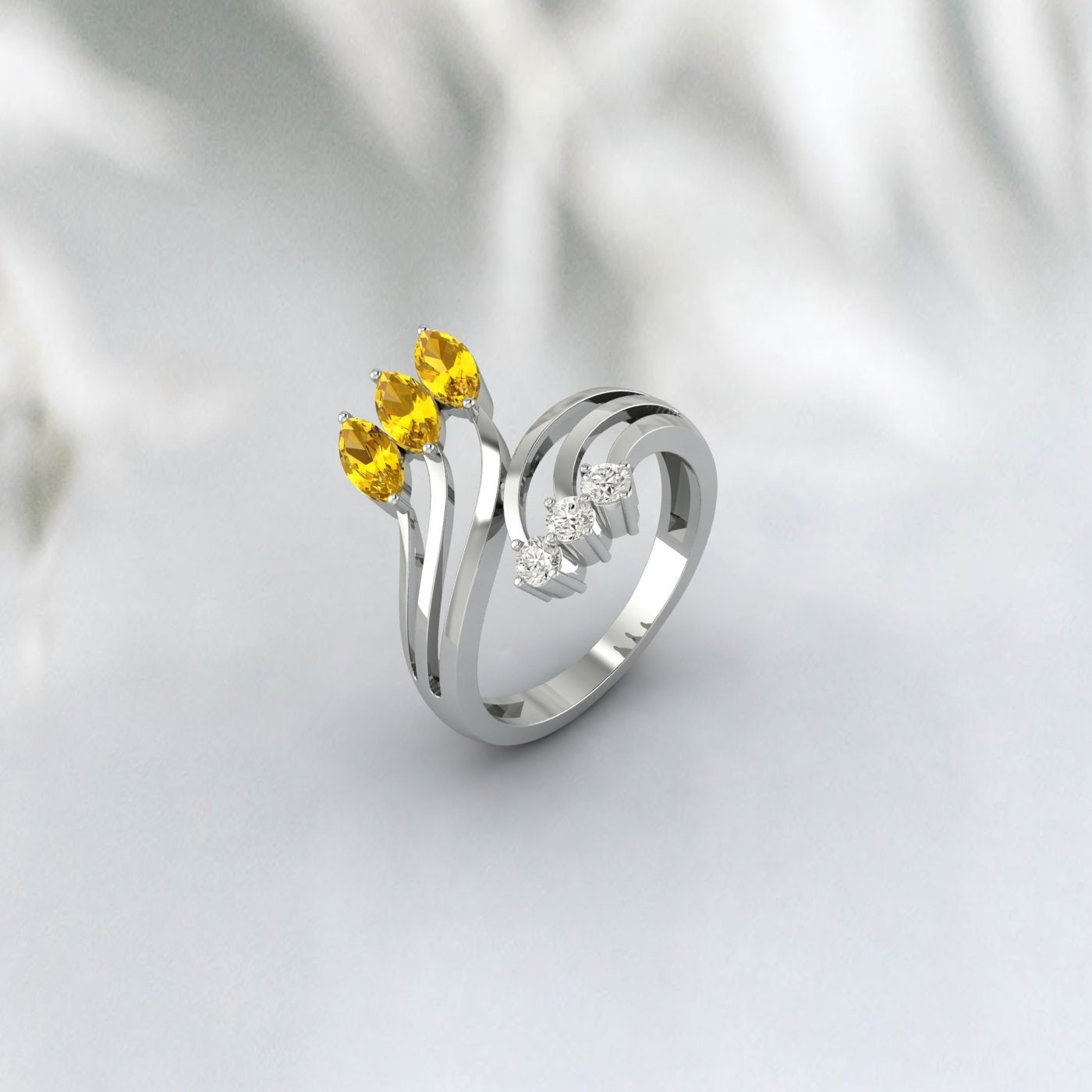 Natural Citrine Leaf Wedding Ring Yellow Gold Crossover Stacking Band