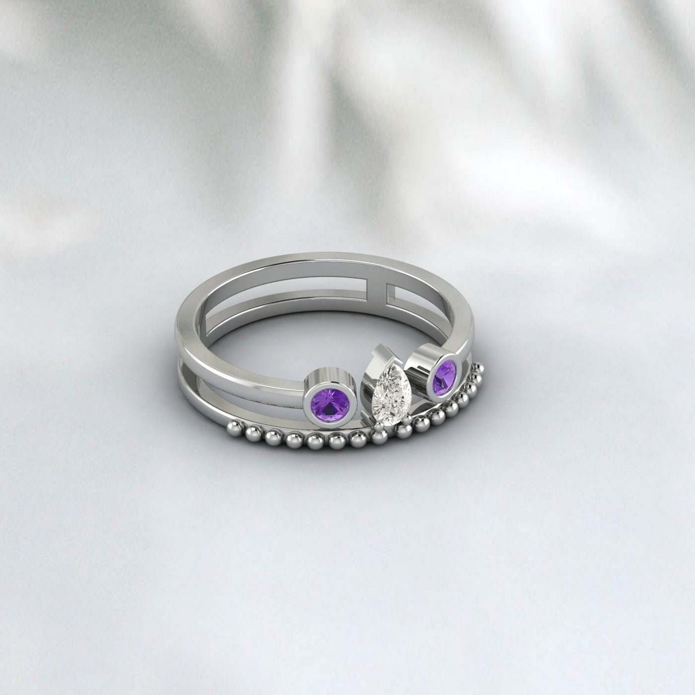 Pear Diamond And Amethyst Bridal Engagement Set Wedding Ring