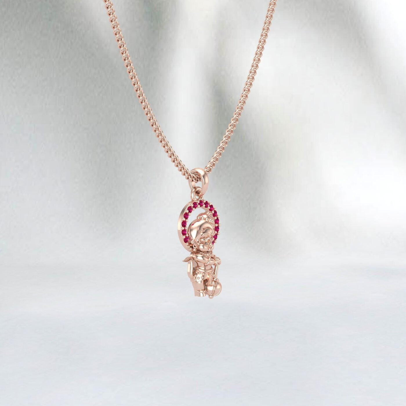 Meditierender Anhänger aus Sterlingsilber mit dem Gott Hanuman | Medaillon von Jai Hanuman | Stehender Hanuman für Kinder | Hanuman-Anhänger für Männer und Frauen | Rubin
