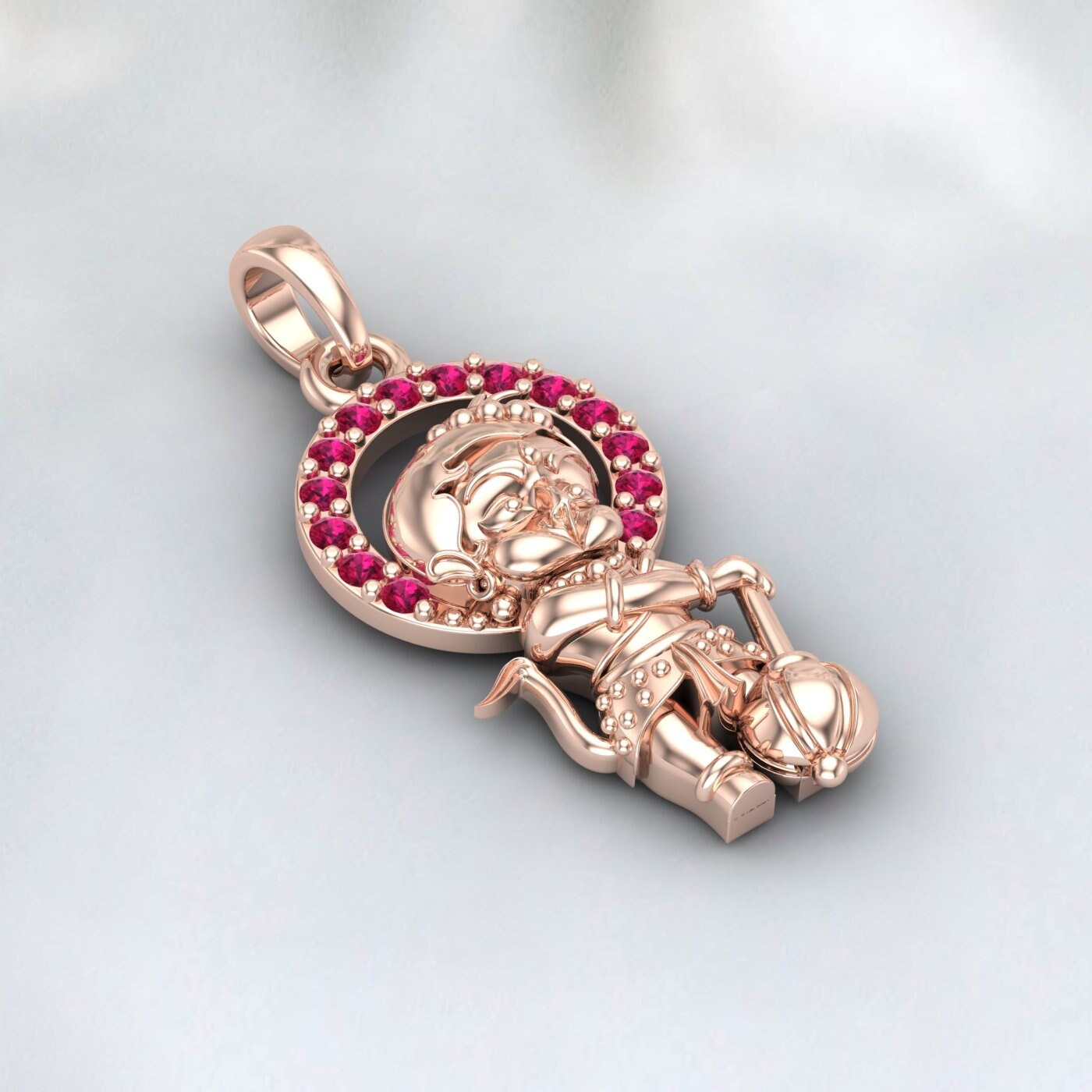 Meditierender Anhänger aus Sterlingsilber mit dem Gott Hanuman | Medaillon von Jai Hanuman | Stehender Hanuman für Kinder | Hanuman-Anhänger für Männer und Frauen | Rubin