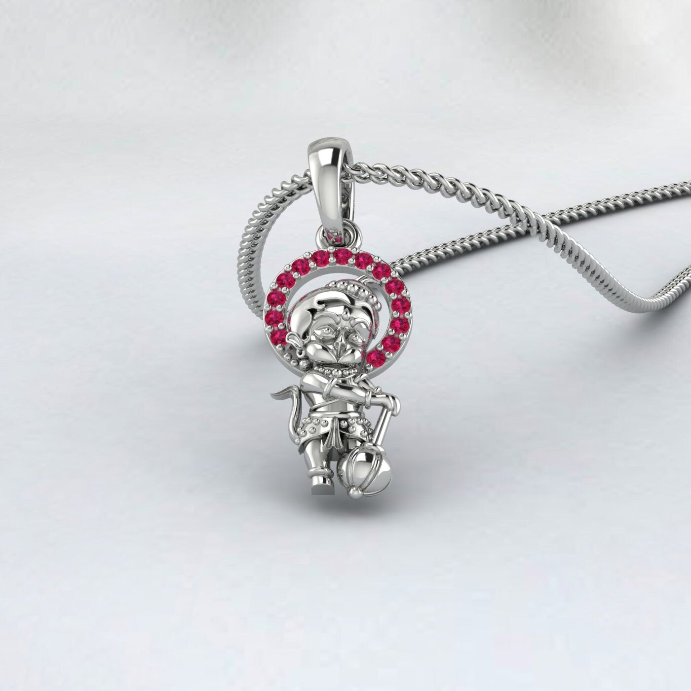 Meditierender Anhänger aus Sterlingsilber mit dem Gott Hanuman | Medaillon von Jai Hanuman | Stehender Hanuman für Kinder | Hanuman-Anhänger für Männer und Frauen | Rubin