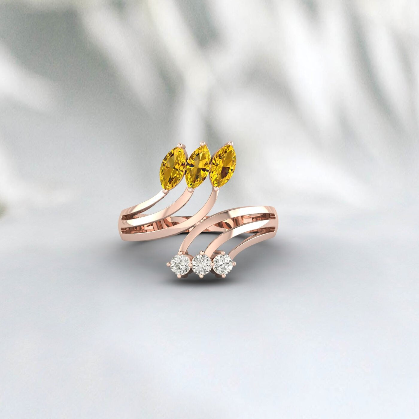 Natural Citrine Leaf Wedding Ring Yellow Gold Crossover Stacking Band