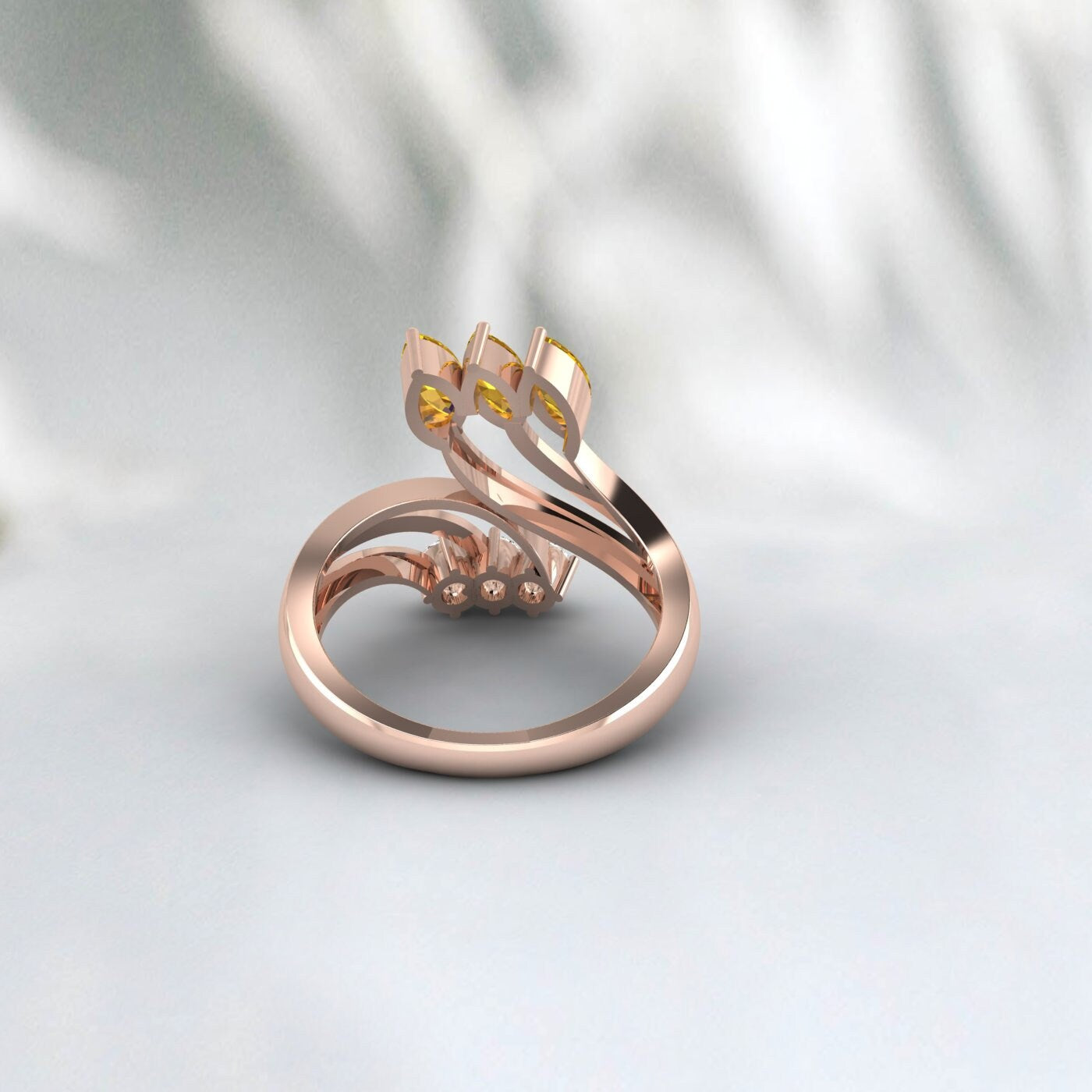 Natural Citrine Leaf Wedding Ring Yellow Gold Crossover Stacking Band