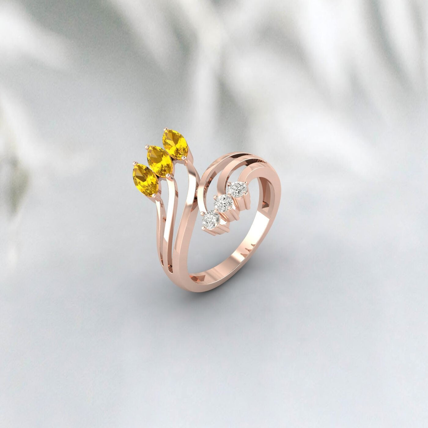 Natural Citrine Leaf Wedding Ring Yellow Gold Crossover Stacking Band