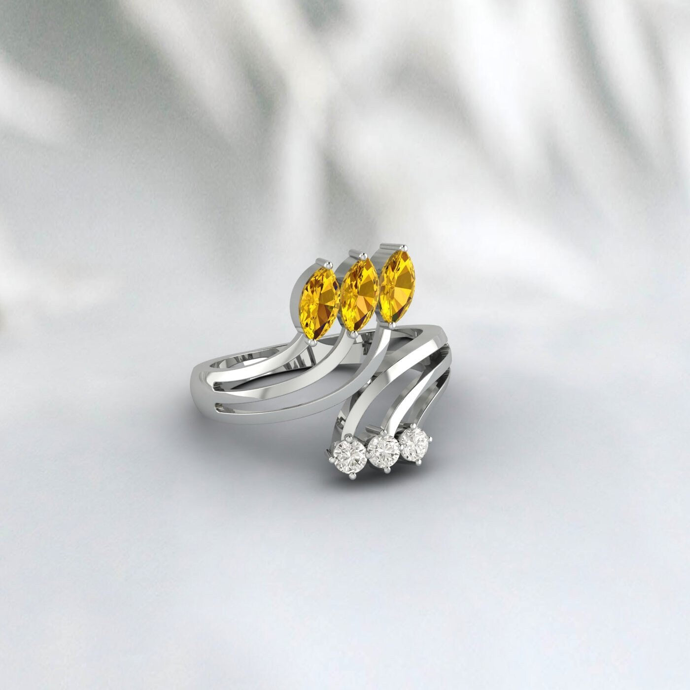 Natural Citrine Leaf Wedding Ring Yellow Gold Crossover Stacking Band