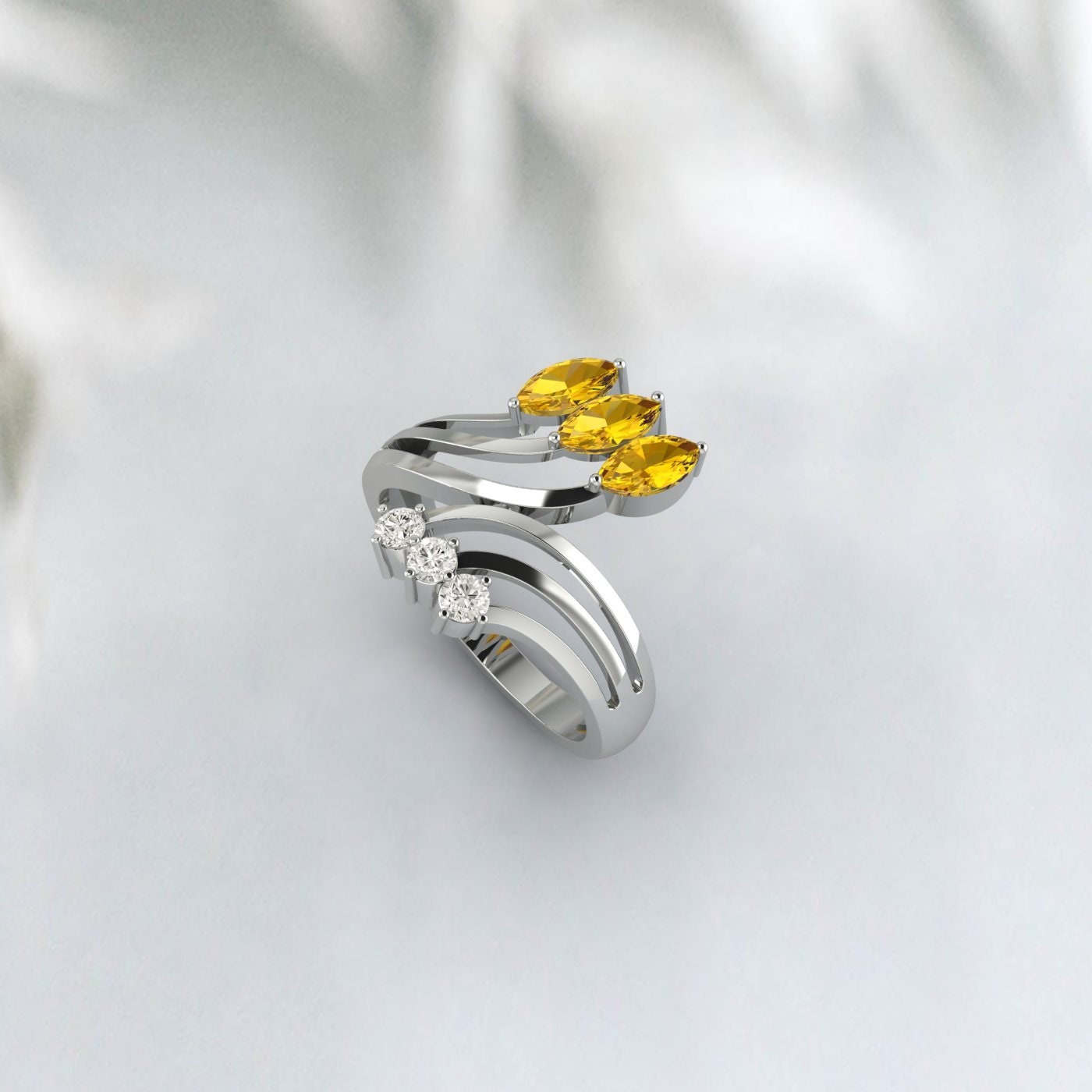 Natural Citrine Leaf Wedding Ring Yellow Gold Crossover Stacking Band