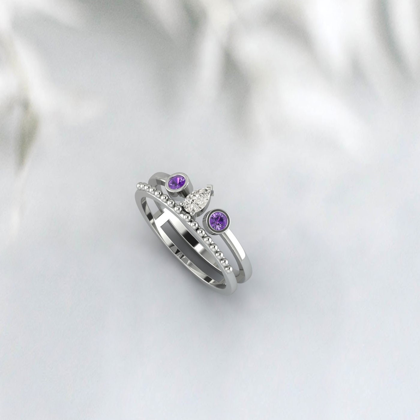 Pear Diamond And Amethyst Bridal Engagement Set Wedding Ring
