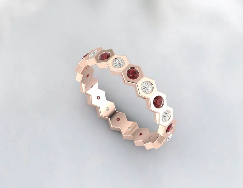 Red Garnet Hexagon Eternity Band, Daimond Wedding Band, January Birthstone Ring, Matching Band, Red stone, Unique Anniversay Gift