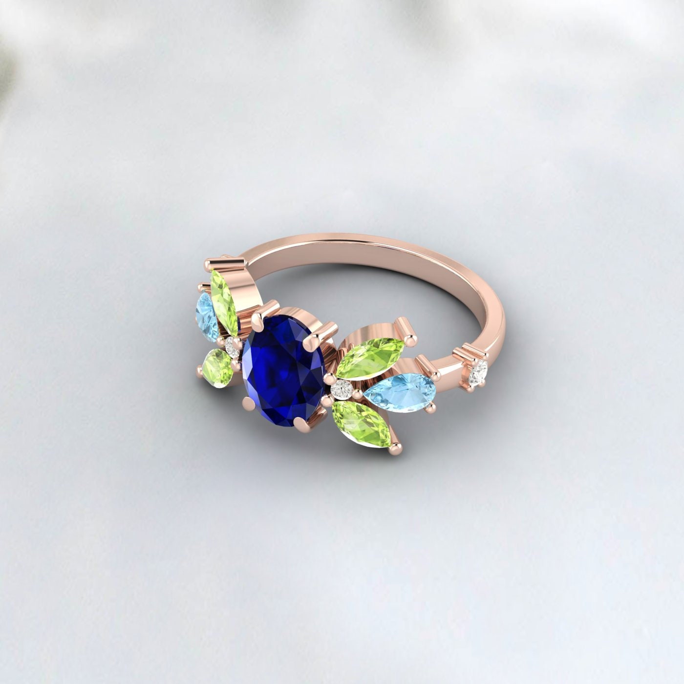 Oval Sapphire Engagement Ring Peridot And Aquamarine Wedding Ring