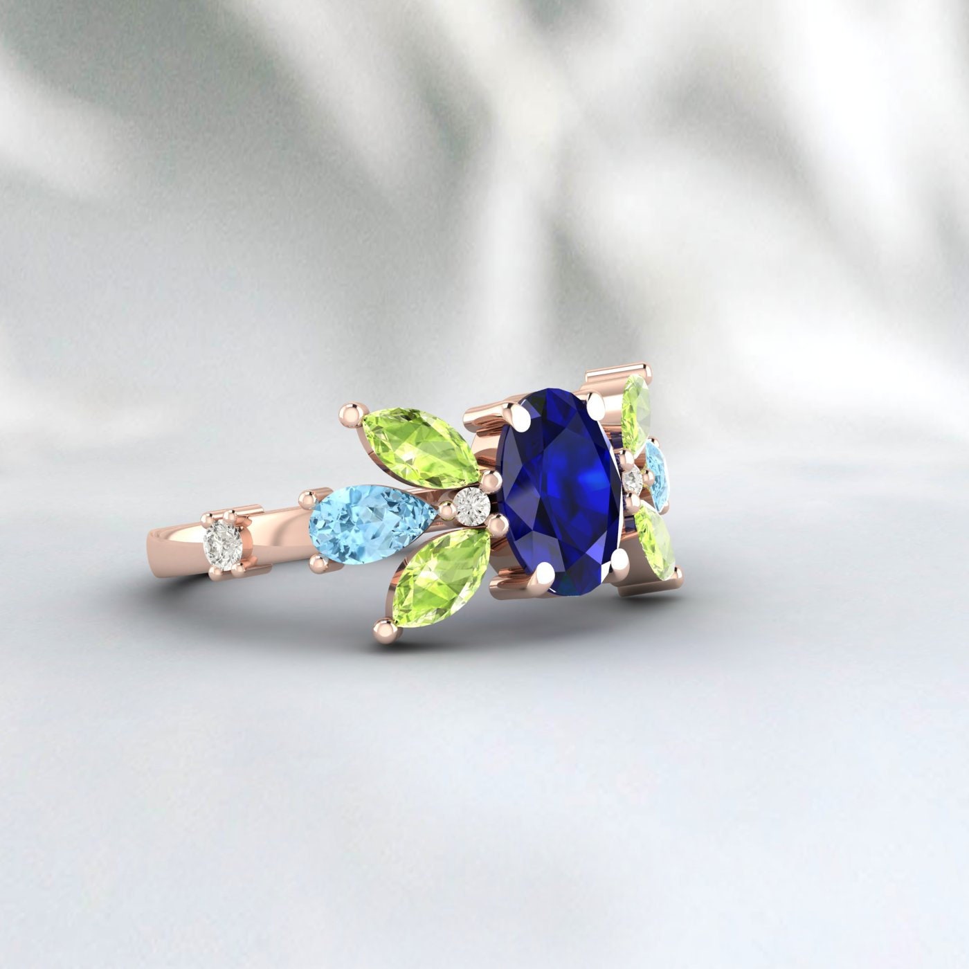 Oval Sapphire Engagement Ring Peridot And Aquamarine Wedding Ring