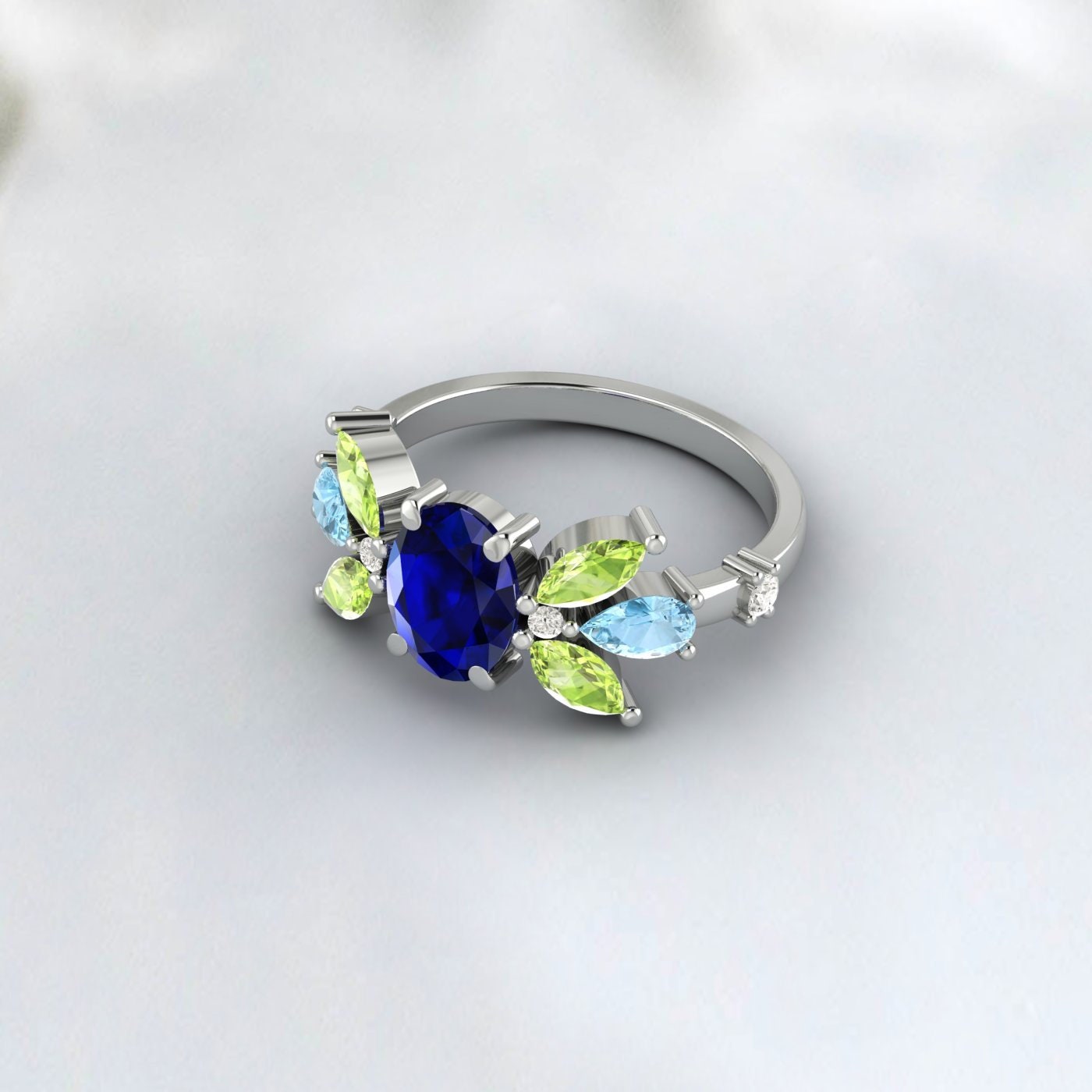 Oval Sapphire Engagement Ring Peridot And Aquamarine Wedding Ring