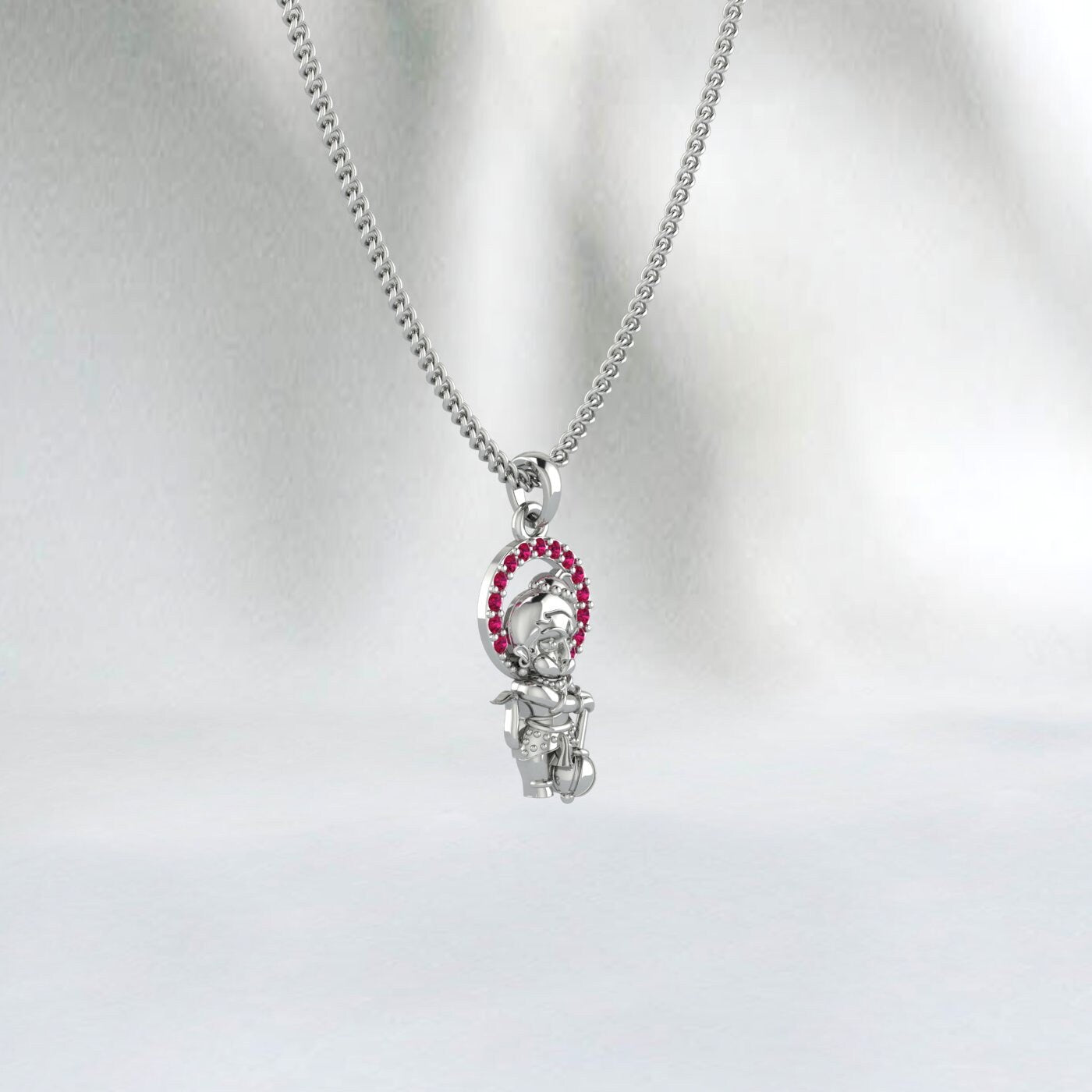 Meditierender Anhänger aus Sterlingsilber mit dem Gott Hanuman | Medaillon von Jai Hanuman | Stehender Hanuman für Kinder | Hanuman-Anhänger für Männer und Frauen | Rubin