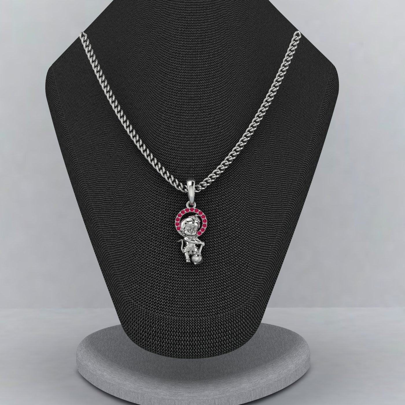 Meditierender Anhänger aus Sterlingsilber mit dem Gott Hanuman | Medaillon von Jai Hanuman | Stehender Hanuman für Kinder | Hanuman-Anhänger für Männer und Frauen | Rubin