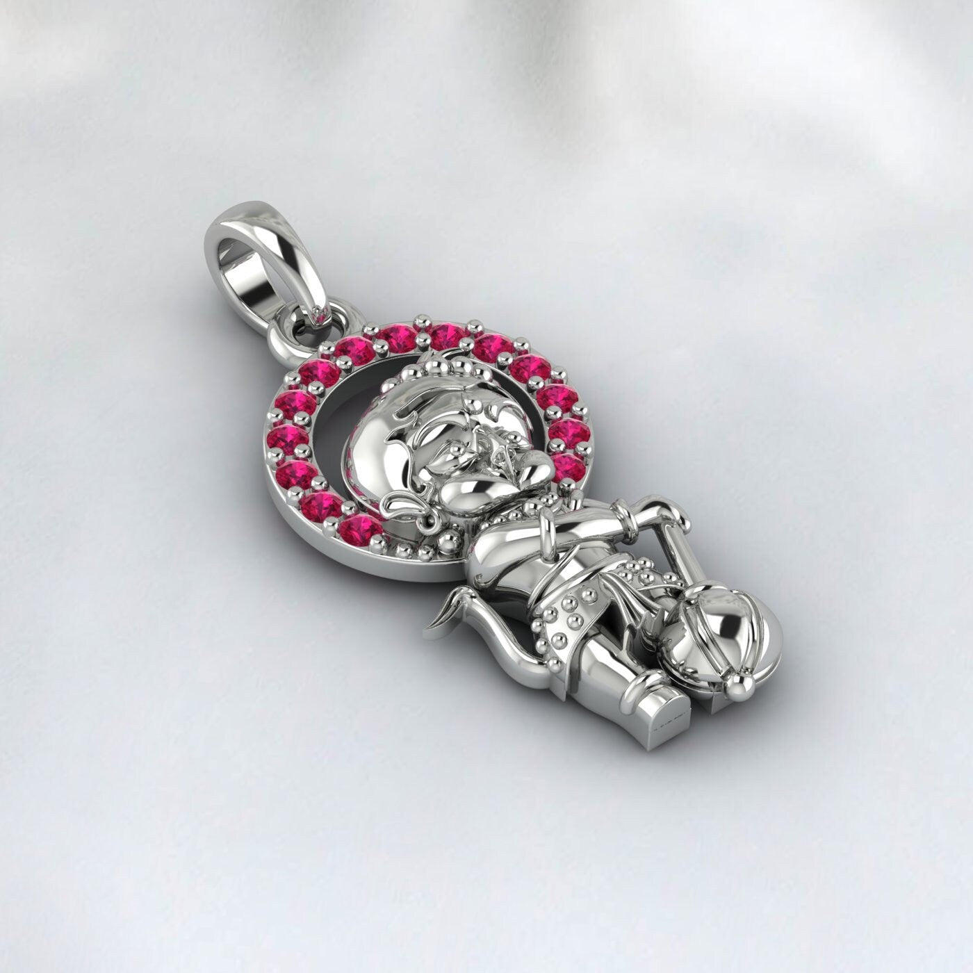 Meditierender Anhänger aus Sterlingsilber mit dem Gott Hanuman | Medaillon von Jai Hanuman | Stehender Hanuman für Kinder | Hanuman-Anhänger für Männer und Frauen | Rubin