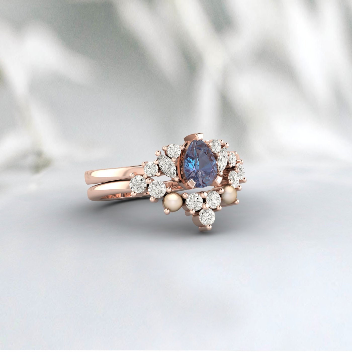 Vintage Alexandrite And Pearl Bridal Ring Set Pear Cut Art Deco Ring
