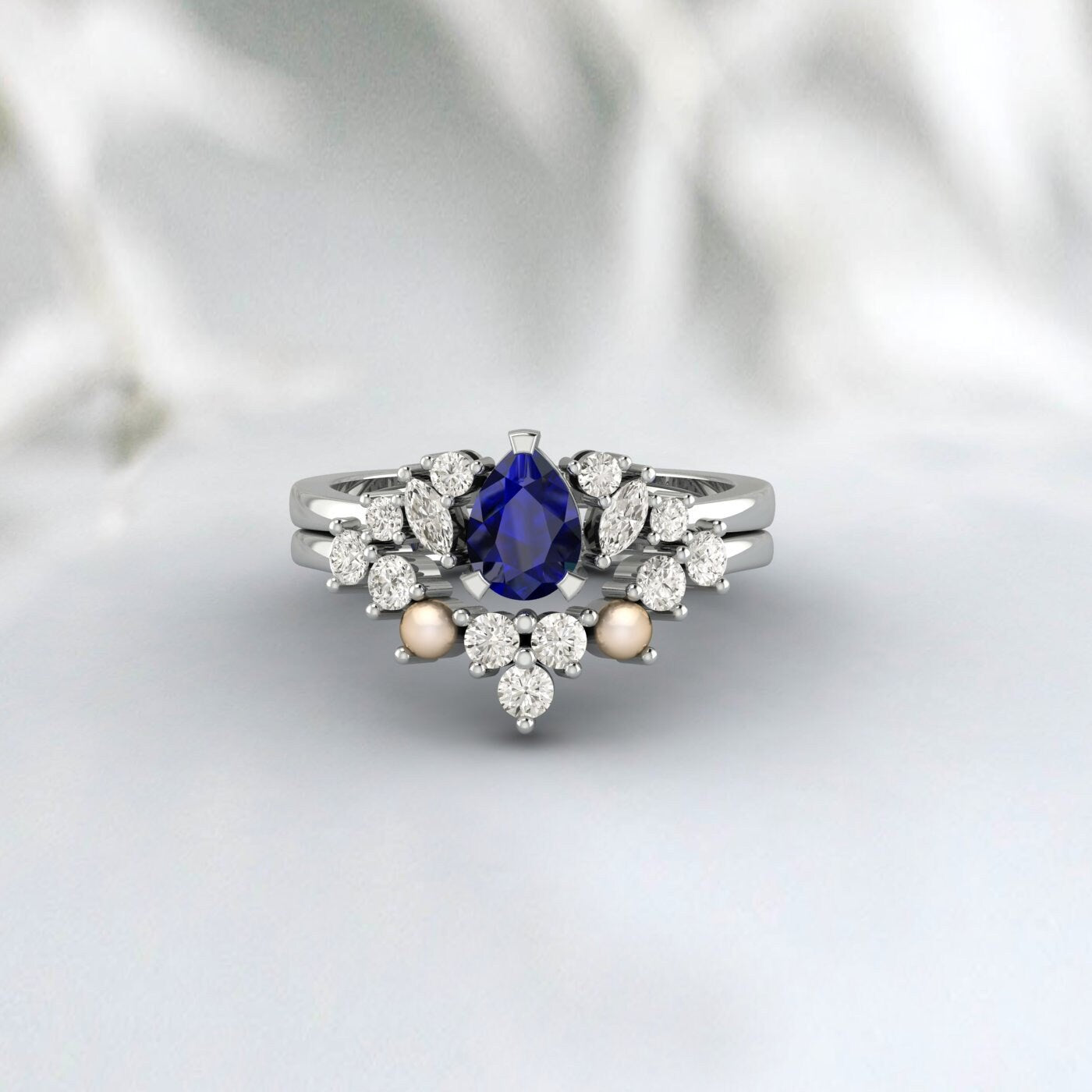 Blue Sapphire Engagement Ring Pearl promise Bridal Ring Diamond Ring