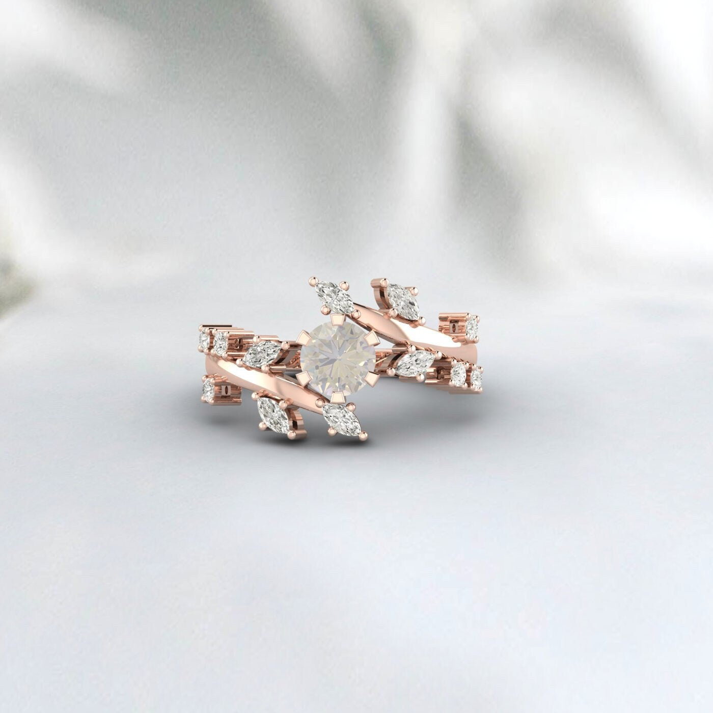 Moonstone Diamond Cluster leaf style ring Bridal Unique wedding Band